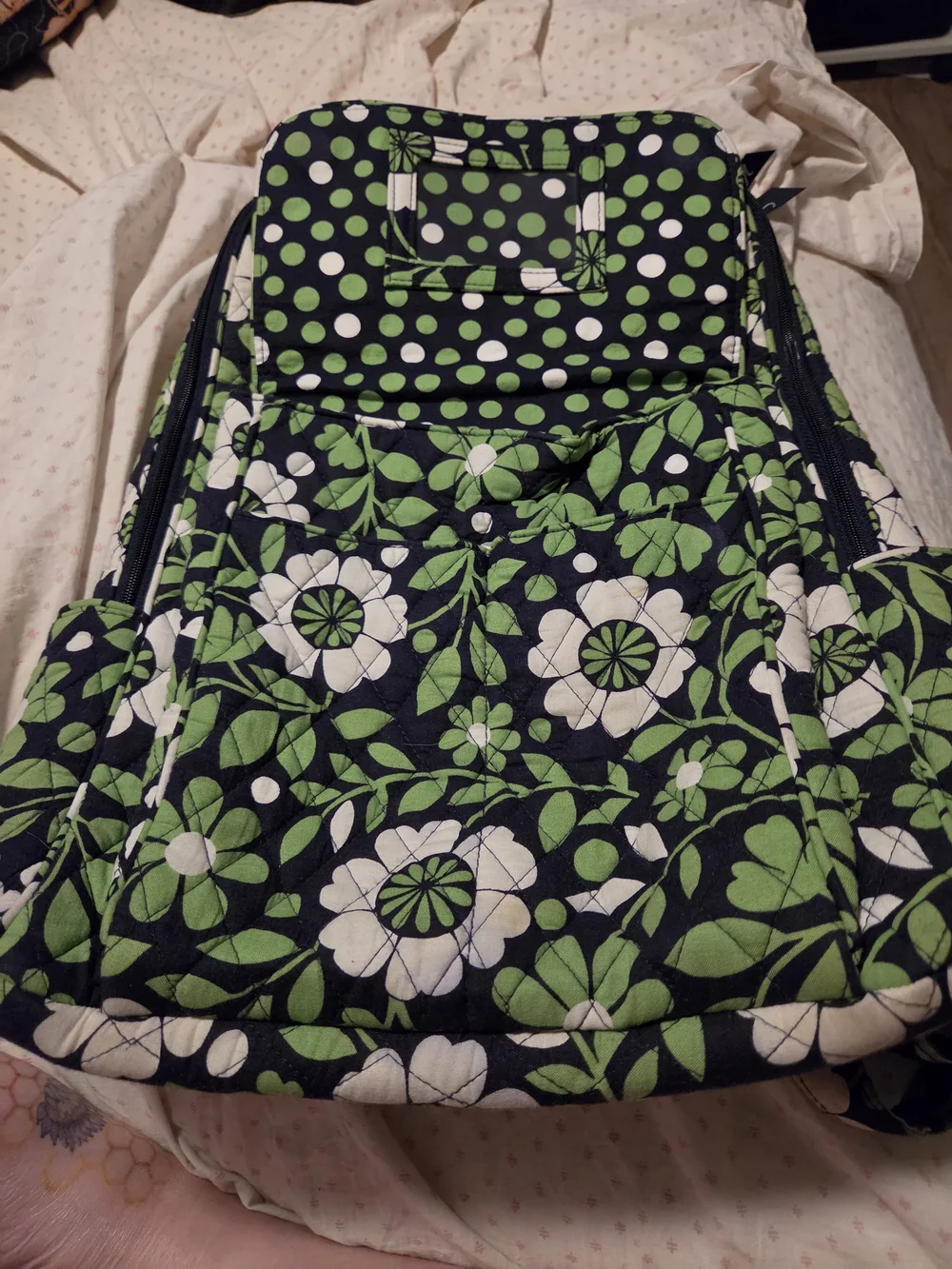 Vera Bradley Black Quilted Backpack with White & Green Floral Print
